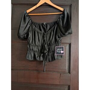 Mixed Threads Los Angeles Black Satin Puff Sleeve Tie Front Crop Top XL NWT
